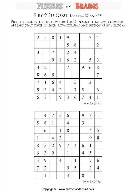 printable easier 9 by 9  Sudoku puzzles