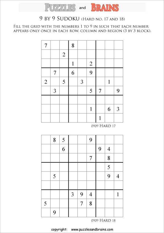 printable difficult level 9 by 9 sudoku puzzles