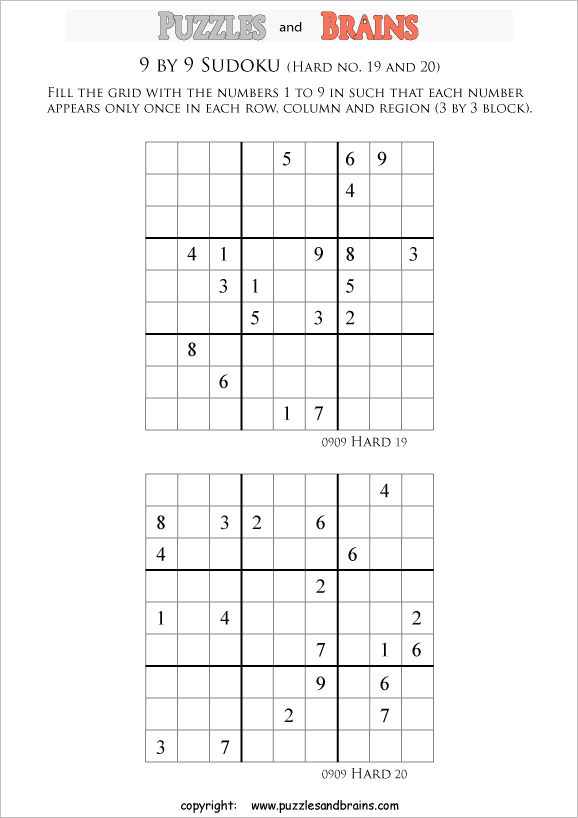 printable difficult level 9 by 9  Sudoku puzzles