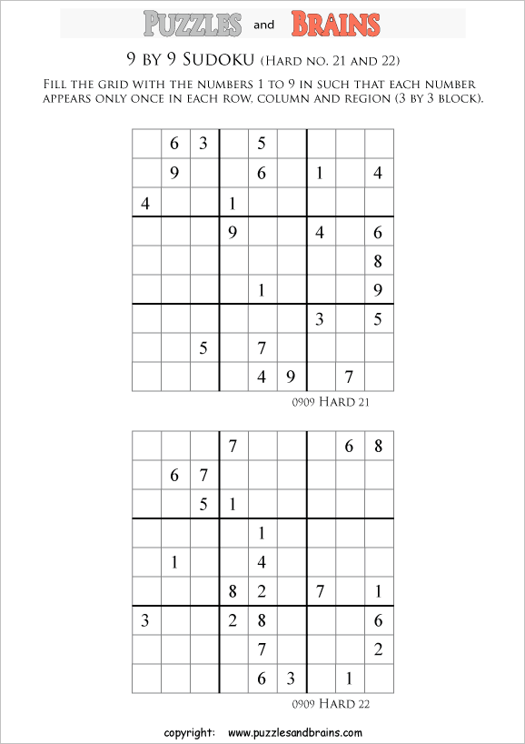 printable difficult level 9 by 9 sudoku puzzles