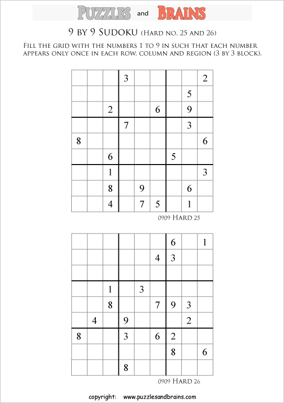 printable difficult level 9 by 9  Sudoku puzzles