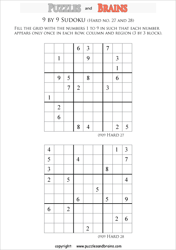 printable difficult level 9 by 9 sudoku puzzles