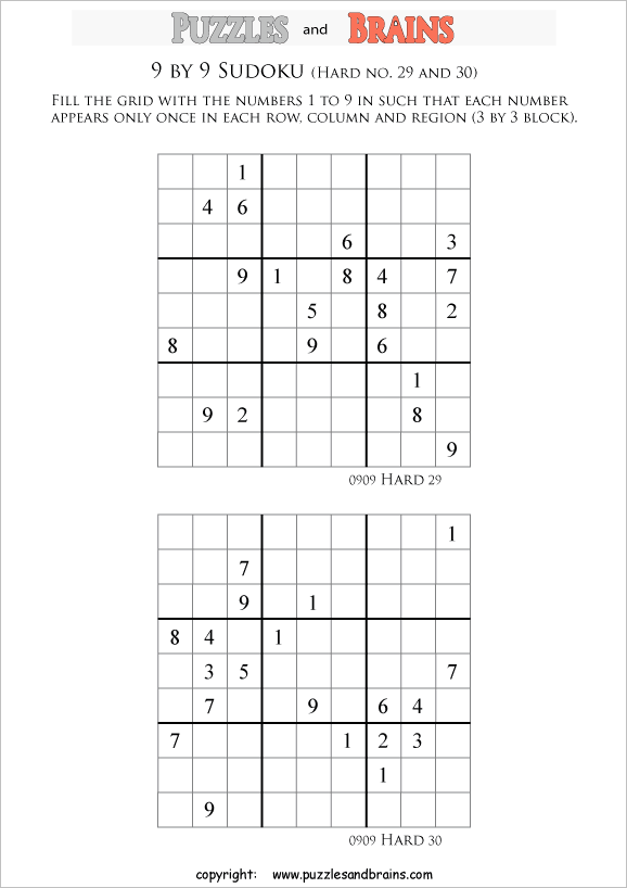 printable difficult level 9 by 9  Sudoku puzzles