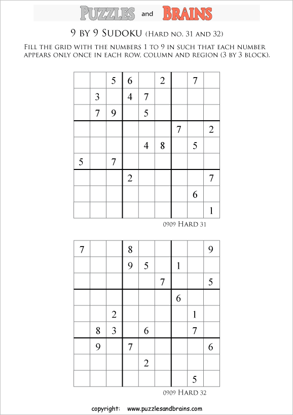 printable difficult level 9 by 9  Sudoku puzzles