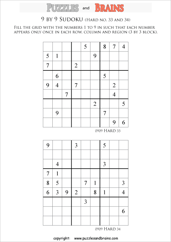 printable difficult level 9 by 9 sudoku puzzles