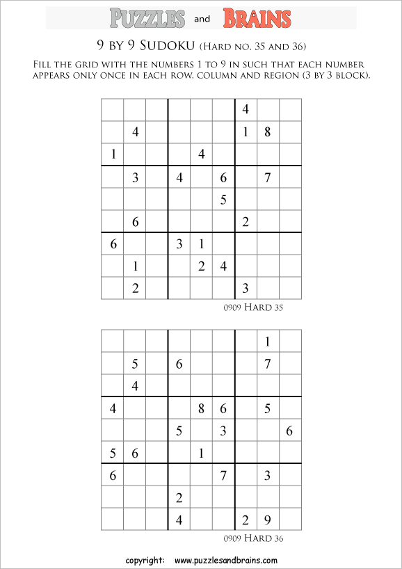printable difficult level 9 by 9 sudoku puzzles