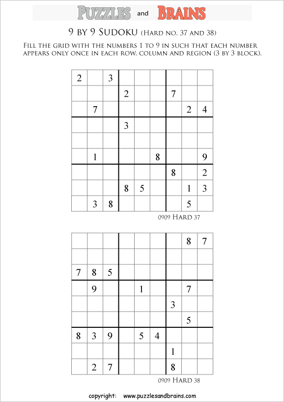 printable difficult level 9 by 9  Sudoku puzzles