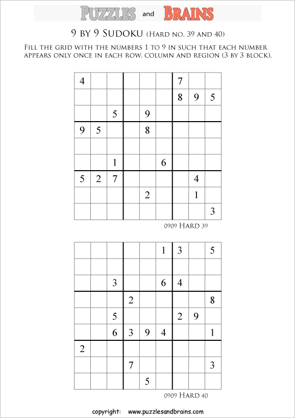 printable difficult level 9 by 9 sudoku puzzles