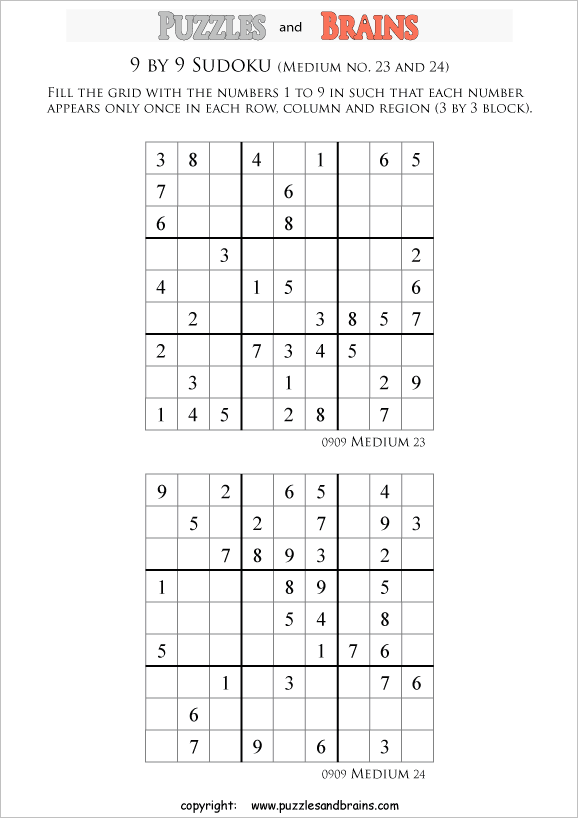 printable medium level 9 by 9 sudoku puzzles for kids beginners and profs