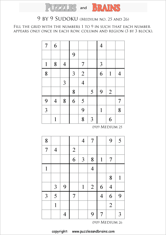 printable medium level 9 by 9 sudoku puzzles for kids beginners and profs