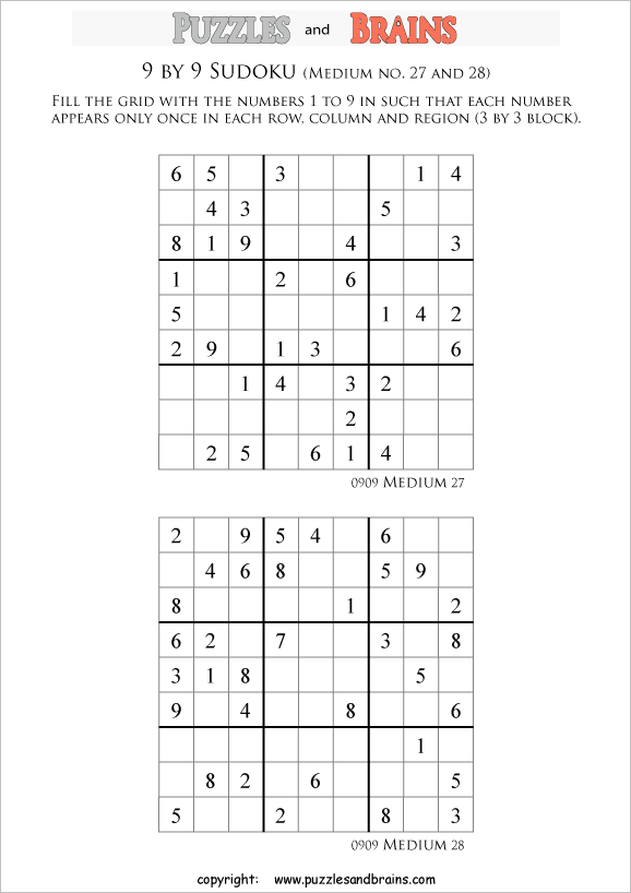 medium sudoku printable puzzles