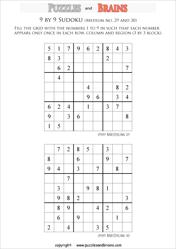 printable medium level 9 by 9 sudoku puzzles for kids beginners and profs