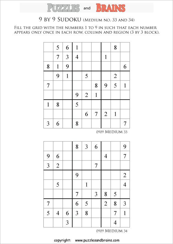 Printable medium level 9 by 9 Sudoku puzzles for kids, beginners and profs.