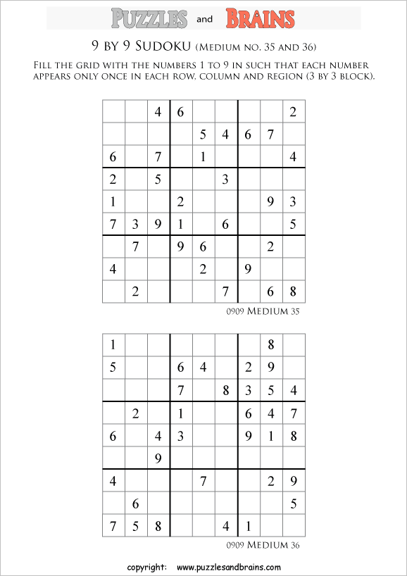 printable medium level 9 by 9 sudoku puzzles for kids