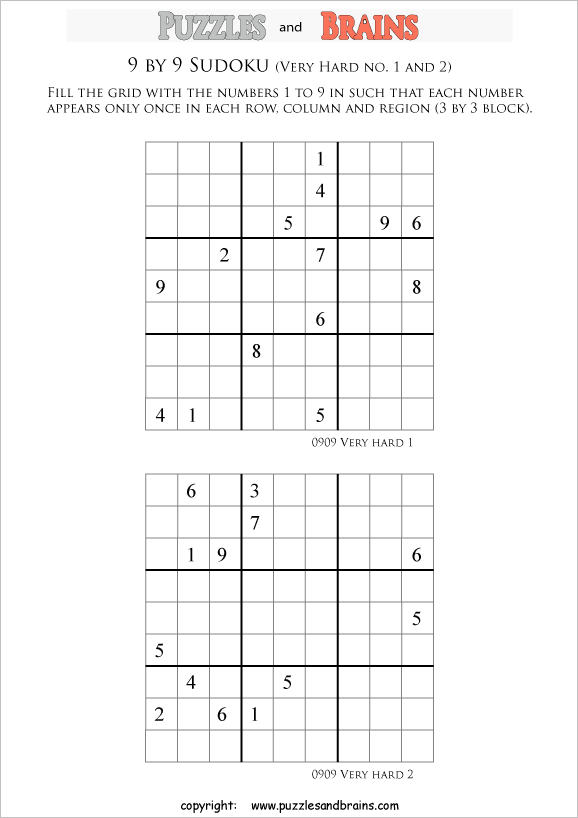 Printable very challenging level 9 by 9 Sudoku puzzles for kids ...