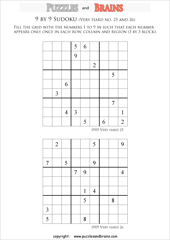 printable very difficult level 9 by 9  Sudoku puzzles