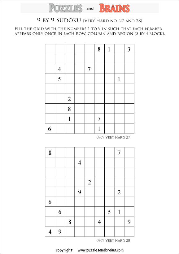 printable very difficult level 9 by 9  Sudoku puzzles