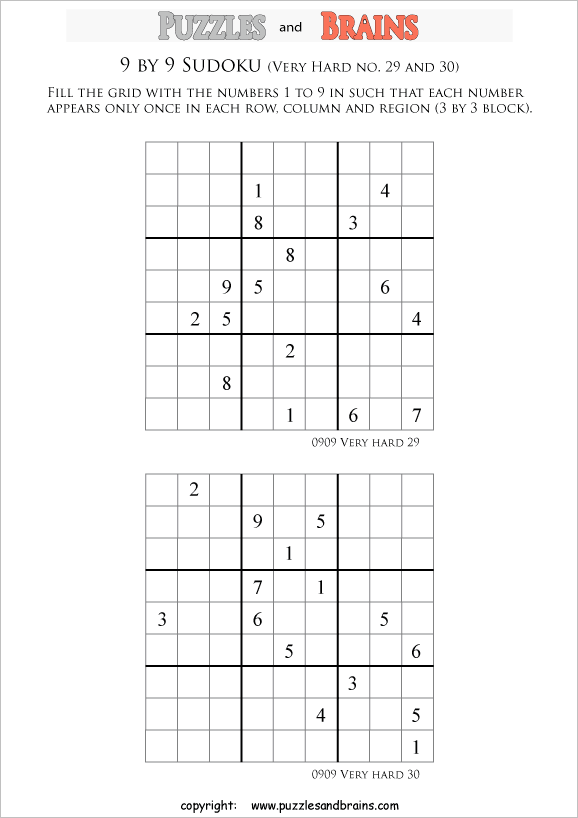 printable very difficult level 9 by 9  Sudoku puzzles