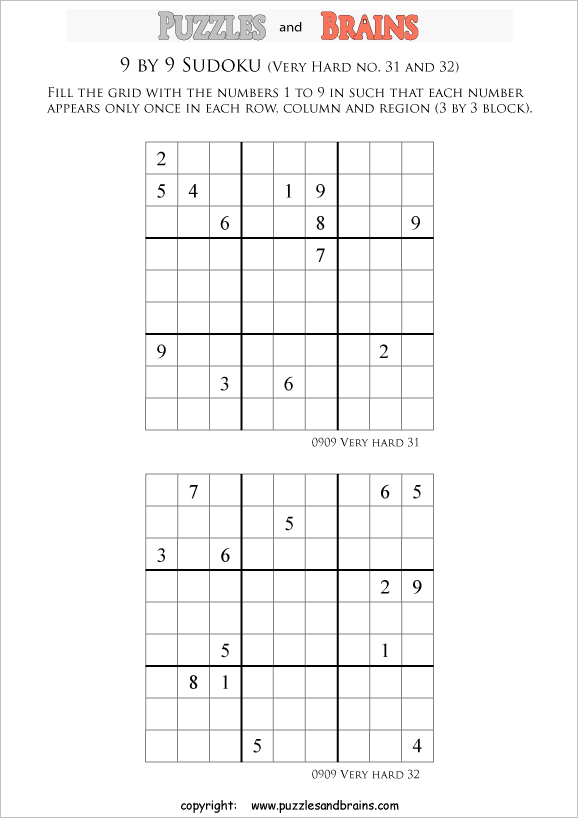 printable very difficult level 9 by 9  Sudoku puzzles