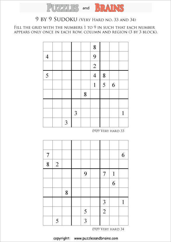 printable very difficult level 9 by 9  Sudoku puzzles