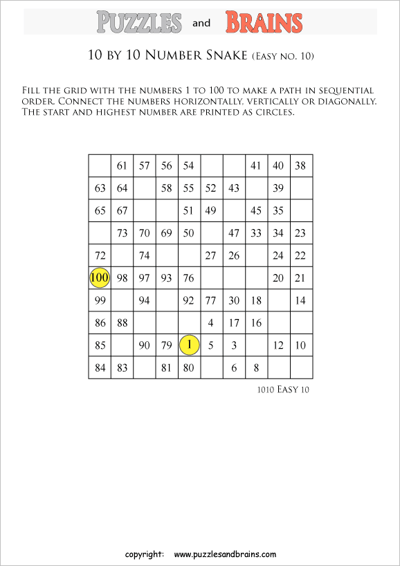 printable easier 10 by 10 Hidato Number Snake puzzles for young and old