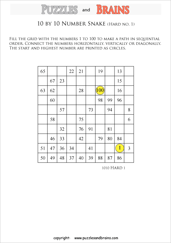 printable difficult 10 by 10 Hidato Number Snake puzzles for young and old