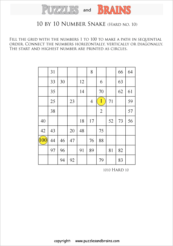 printable hard level 10 by 10 grid hidato number snake