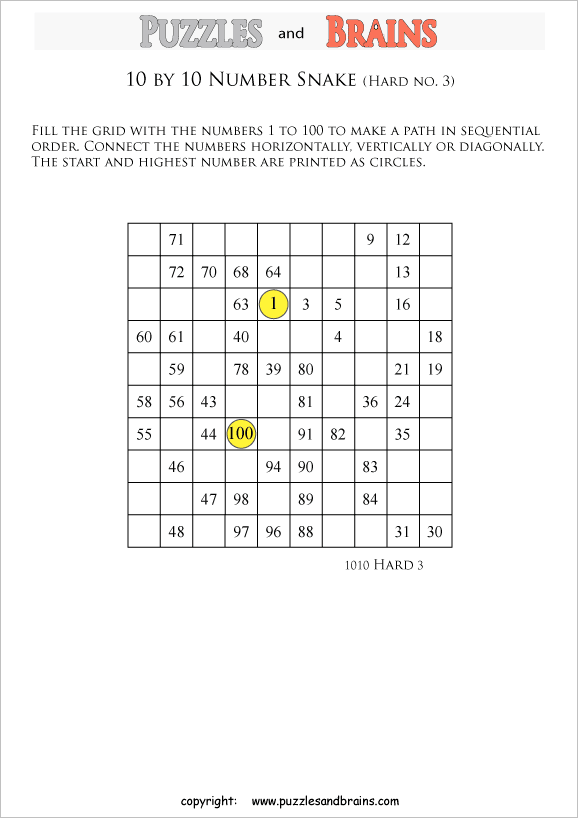 printable difficult 10 by 10 Hidato Number Snake puzzles for young and old