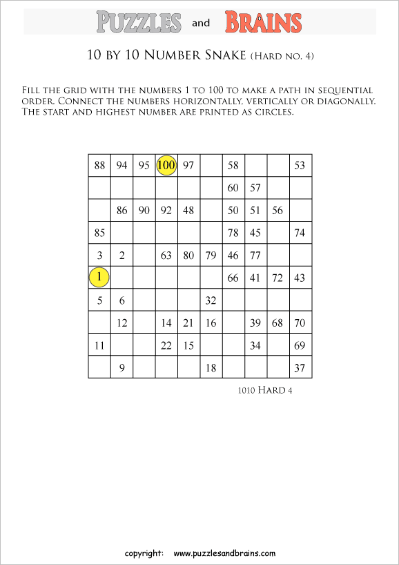 printable difficult 10 by 10 Hidato Number Snake puzzles for young and old