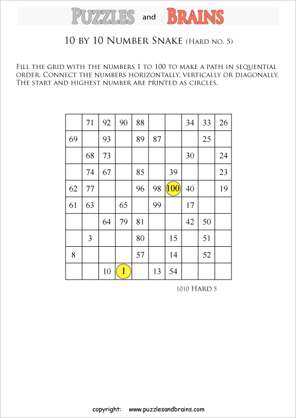 printable difficult 10 by 10 Hidato Number Snake puzzles for young and old