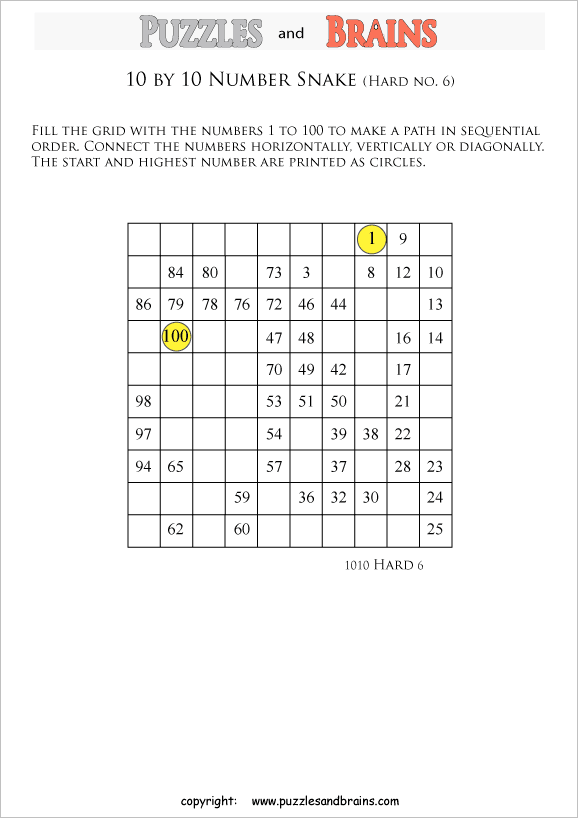 printable hard level 10 by 10 grid hidato number snake logic puzzles