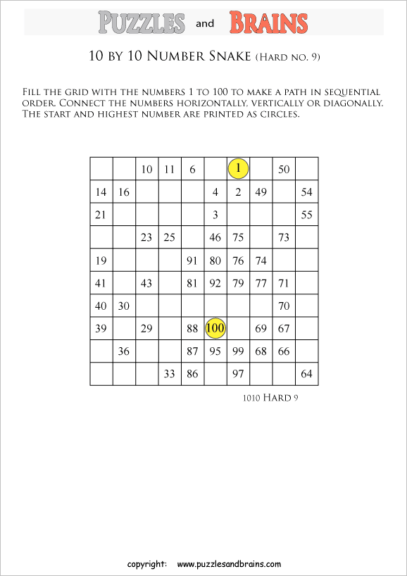 printable hard level 10 by 10 grid hidato number snake logic puzzles for kids beginners and profs