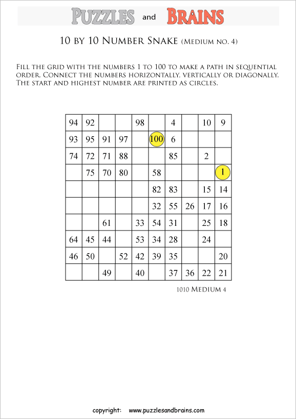 printable medium 10 by 10 Hidato Number Snake puzzles for young and old