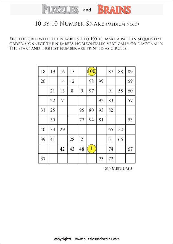 printable medium 10 by 10 Hidato Number Snake puzzles for young and old