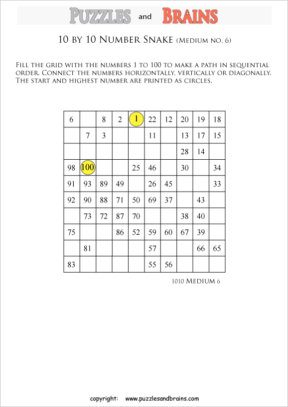 printable medium 10 by 10 Hidato Number Snake puzzles for young and old