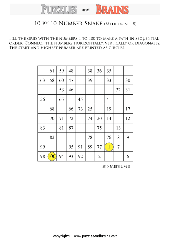 printable medium 10 by 10 Hidato Number Snake puzzles for young and old