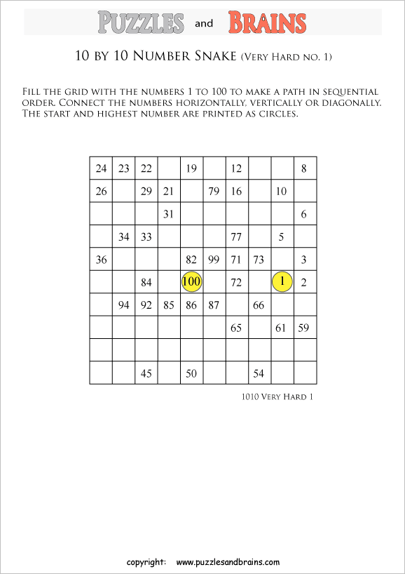 printable very difficult 10 by 10 Hidato Number Snake puzzles for young and old