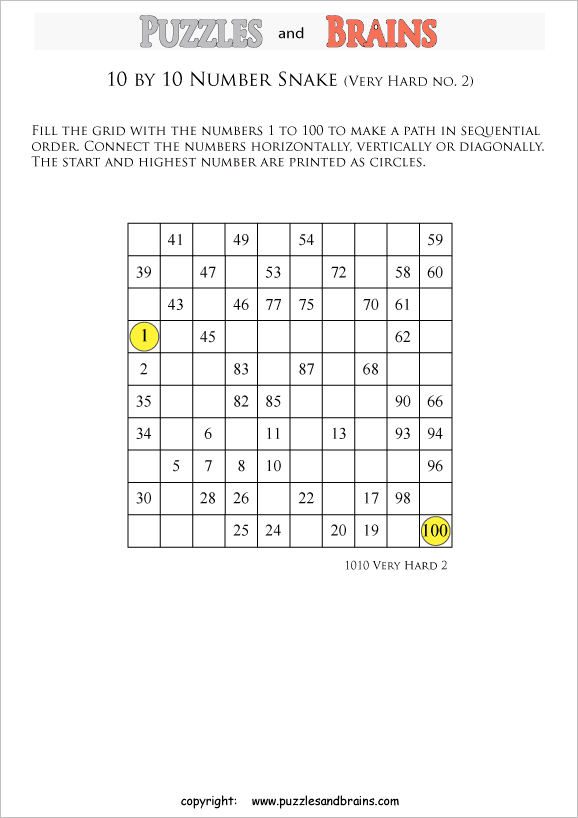 printable very difficult 10 by 10 Hidato Number Snake puzzles for young and old