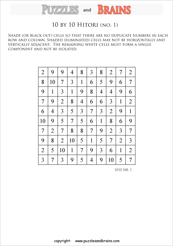 printable 10 by 10 hitori logic puzzles for kids and adults