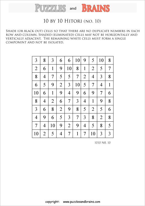 printable 10 by 10 Hitori logic puzzles that will boost your IQ