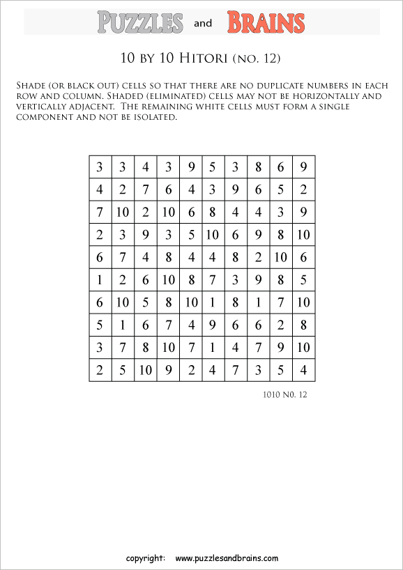 printable 10 by 10 Hitori logic puzzles that will boost your IQ