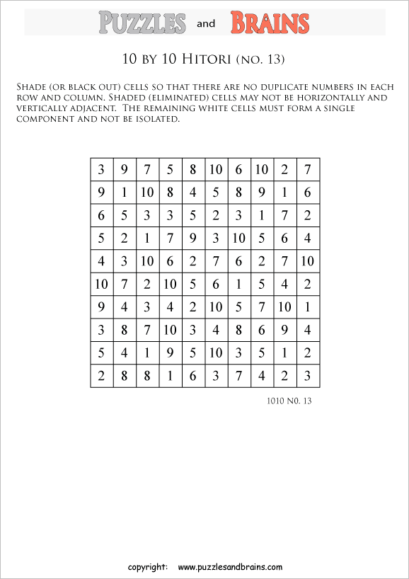 printable 10 by 10 Hitori logic puzzles that will boost your IQ