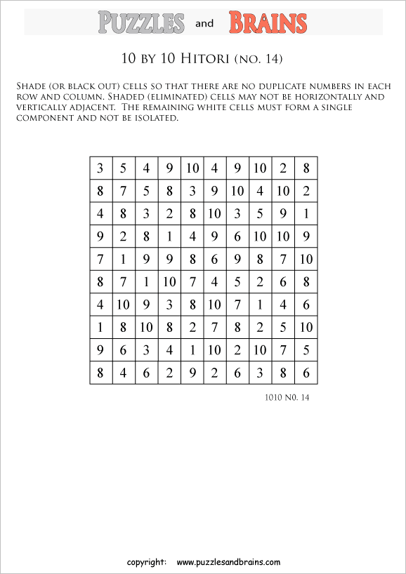 printable 10 by 10 Hitori logic puzzles that will boost your IQ