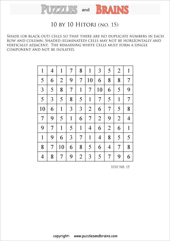 printable 10 by 10 Hitori logic puzzles that will boost your IQ