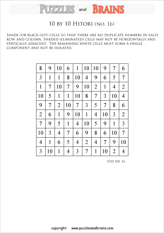 printable 10 by 10 Hitori logic puzzles that will boost your IQ