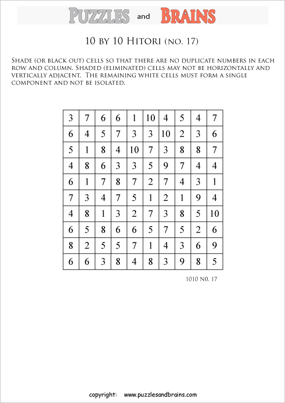 printable 10 by 10 Hitori logic puzzles that will boost your IQ