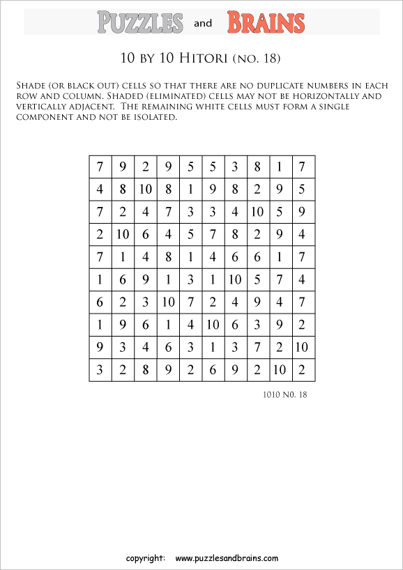 printable 10 by 10 Hitori logic puzzles that will boost your IQ