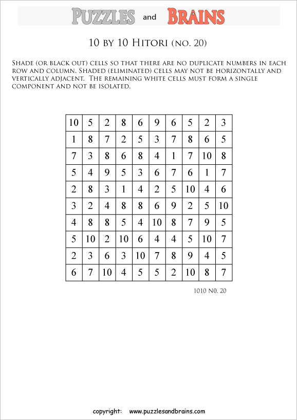 printable 10 by 10 Hitori logic puzzles that will boost your IQ