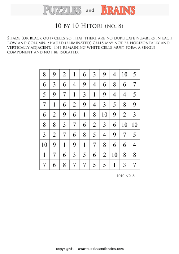 printable 10 by 10 Hitori logic puzzles that will boost your IQ