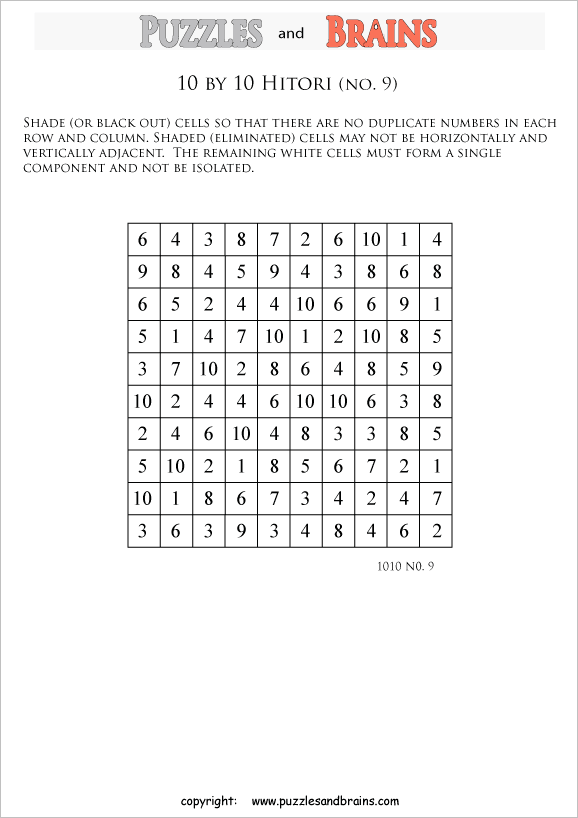 printable 10 by 10 Hitori logic puzzles that will boost your IQ